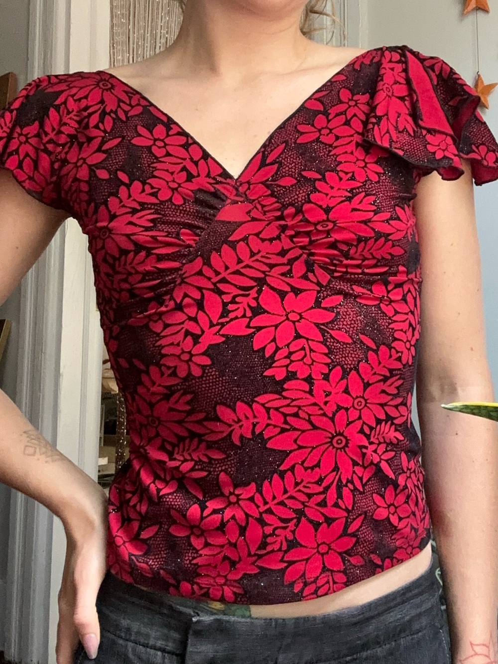 Floral V-Neck Flutter Sleeve Top - Red